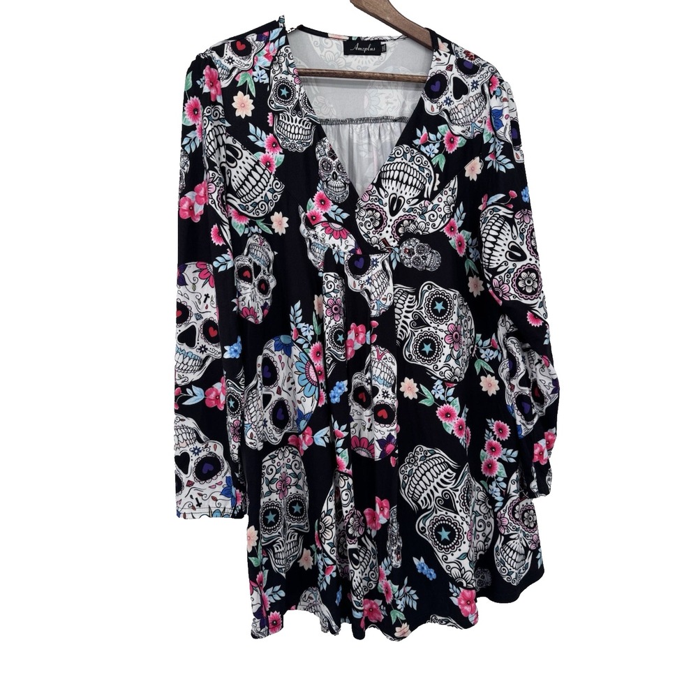 Amzplus 3X long-sleeved v neck Skull Day Of Dead Halloween Goth Emo witchy